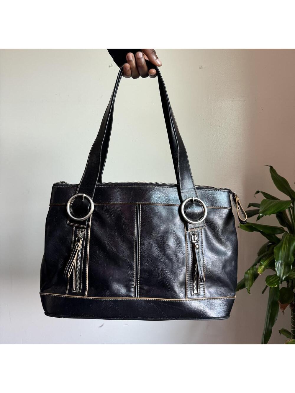 Y2K Axcess Black Faux Leather coquette grunge Tote Bag O-Rings